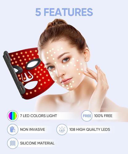 Led Face Mask Light Therapy, Red Light Therapy for Face, 7-1 Colors LED Facial Skin Care Mask, Black