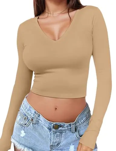 Womens Sexy Long Sleeve Crop Top V Neck Y2K Shirt Sexy Slim Fitted Casual Base Layer Lightweight Soft Tops Workout Shirts 2024 Womens Clothing XS-XL Underwear Spring Summer Fashion Going Out Tops